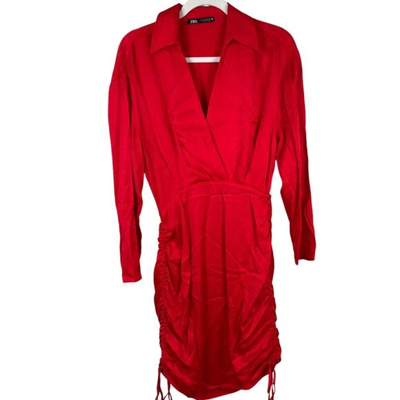 Zara Lipstick Red Satin Finish Mini‎ Dress Adjustable Side Cinching Size XS - Picture 5 of 11